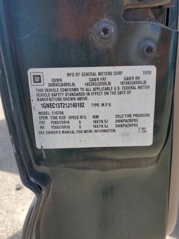 2001 Chevrolet Tahoe C1500 VIN: 1GNEC13T21J149182 Lot: 70359615