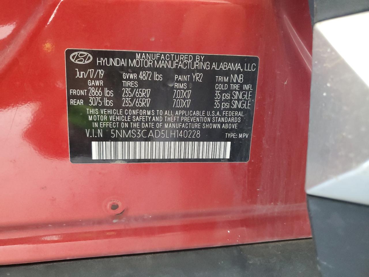 2020 Hyundai Santa Fe Sel VIN: 5NMS3CAD5LH140228 Lot: 68333955