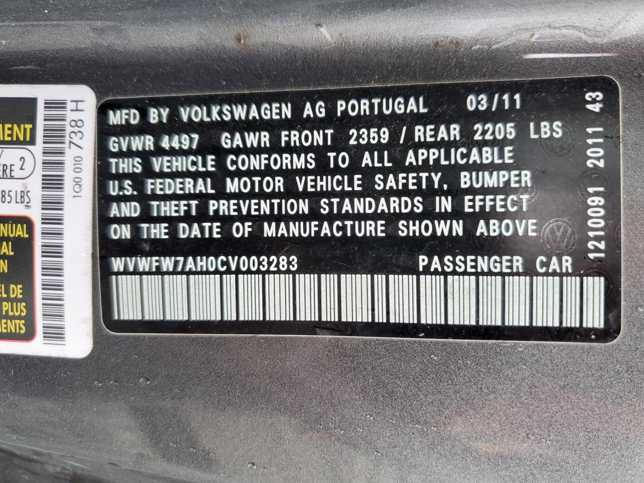 2012 Volkswagen Eos Lux VIN: WVWFW7AH0CV003283 Lot: 68965215