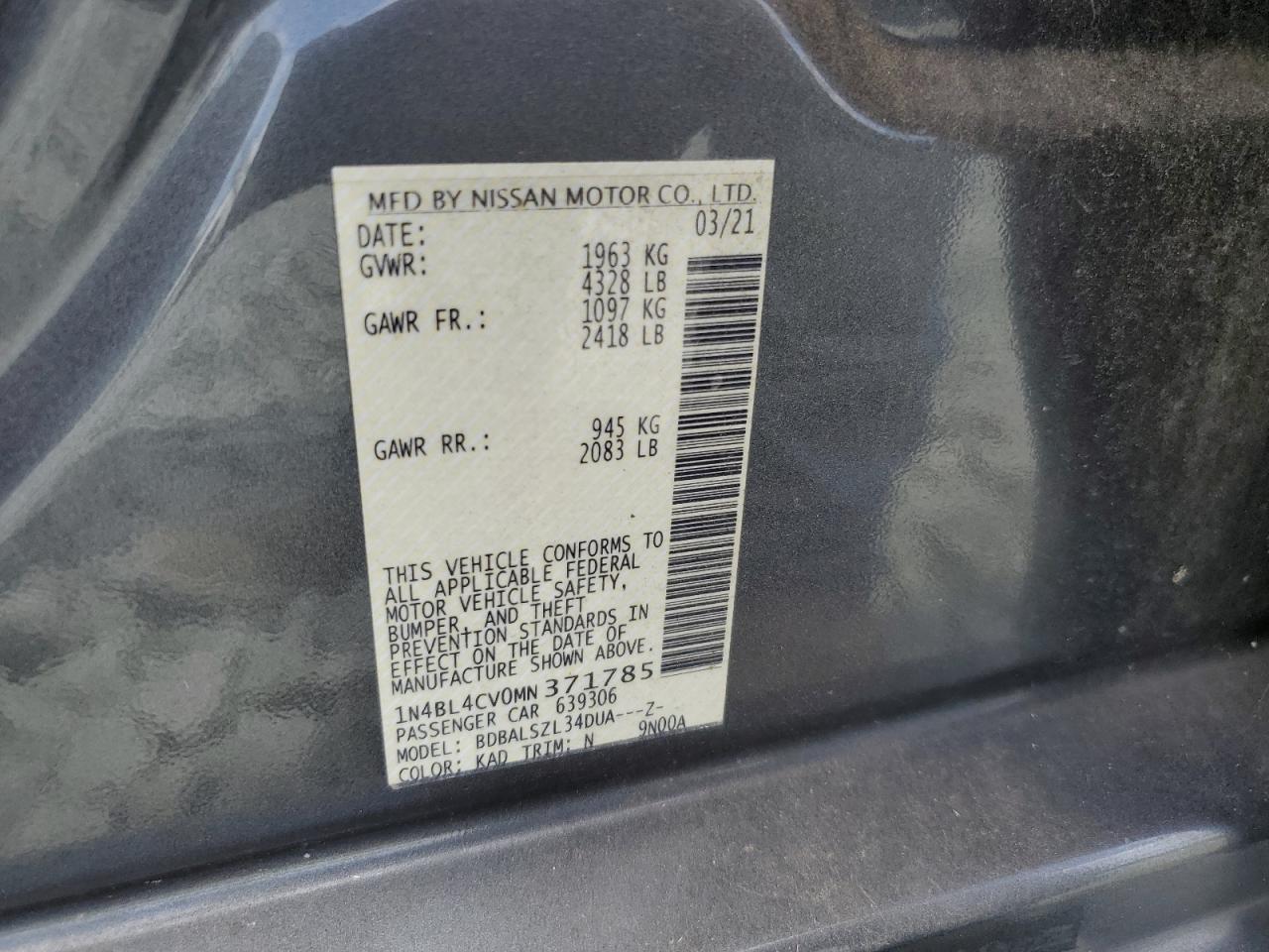 2021 Nissan Altima Sr VIN: 1N4BL4CV0MN371785 Lot: 68279745