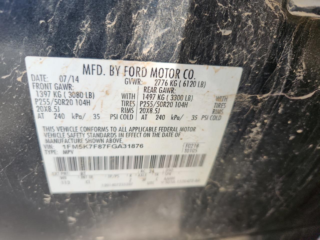 2015 Ford Explorer Limited VIN: 1FM5K7F87FGA31876 Lot: 69497715