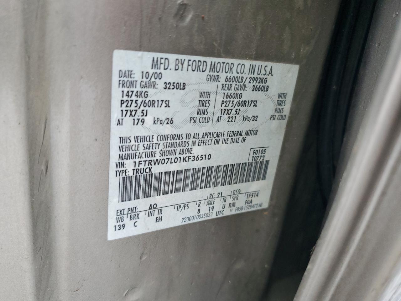 1FTRW07L01KF36510 2001 Ford F150 Supercrew