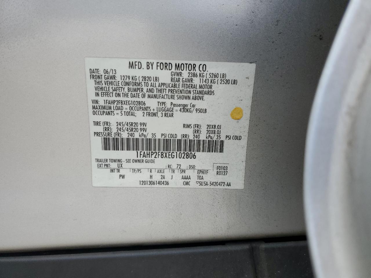 2014 Ford Taurus Limited VIN: 1FAHP2F8XEG102806 Lot: 68026655