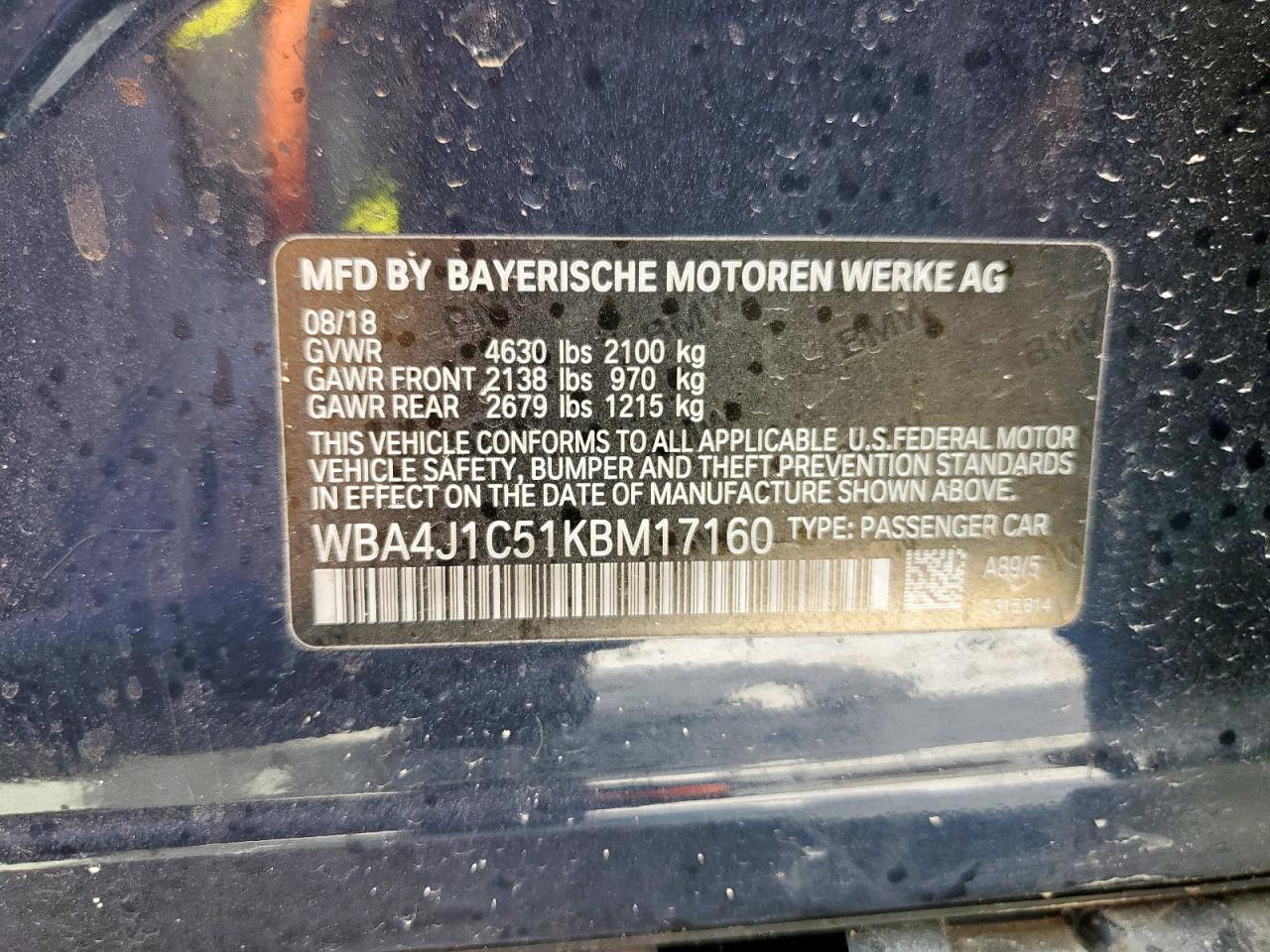 2019 BMW 430I Gran Coupe VIN: WBA4J1C51KBM17160 Lot: 70017135