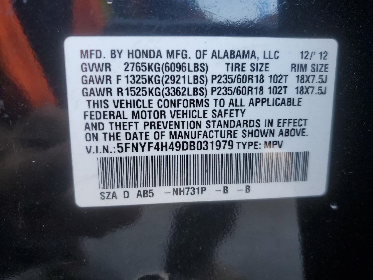 2013 Honda Pilot Ex VIN: 5FNYF4H49DB031979 Lot: 71048265