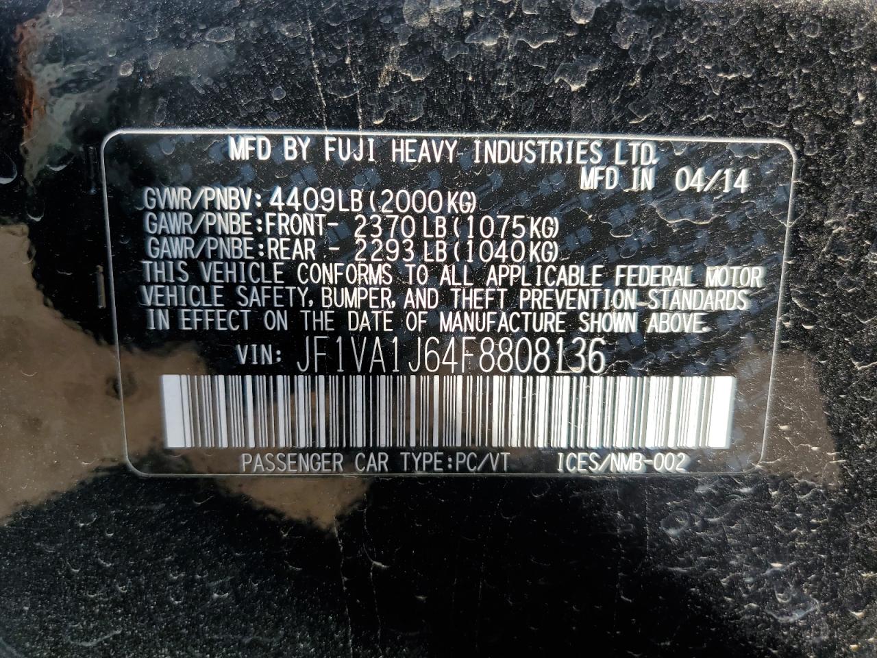 2015 Subaru Wrx Limited VIN: JF1VA1J64F8808136 Lot: 69075965