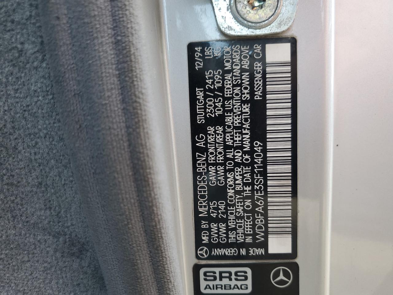 1995 Mercedes-Benz Sl 500 VIN: WDBFA67E3SF114049 Lot: 69282925