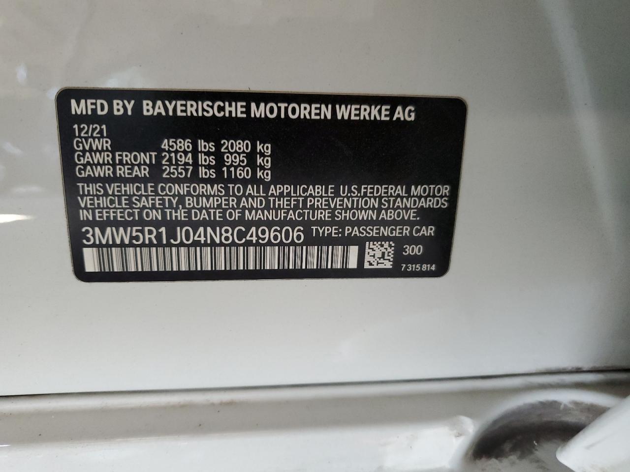 2022 BMW 330I VIN: 3MW5R1J04N8C49606 Lot: 68532105