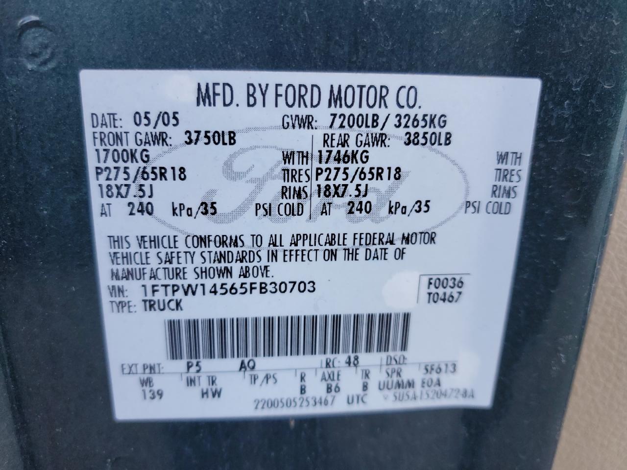 2005 Ford F150 Supercrew VIN: 1FTPW14565FB30703 Lot: 70276715