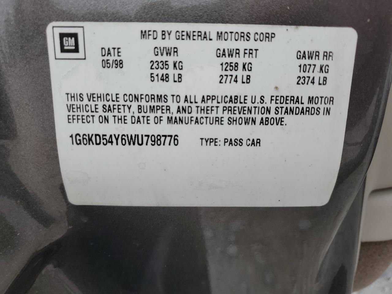 1998 Cadillac Deville VIN: 1G6KD54Y6WU798776 Lot: 69226375