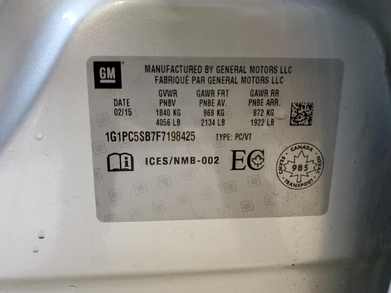 2015 Chevrolet Cruze Lt VIN: 1G1PC5SB7F7198425 Lot: 67377485