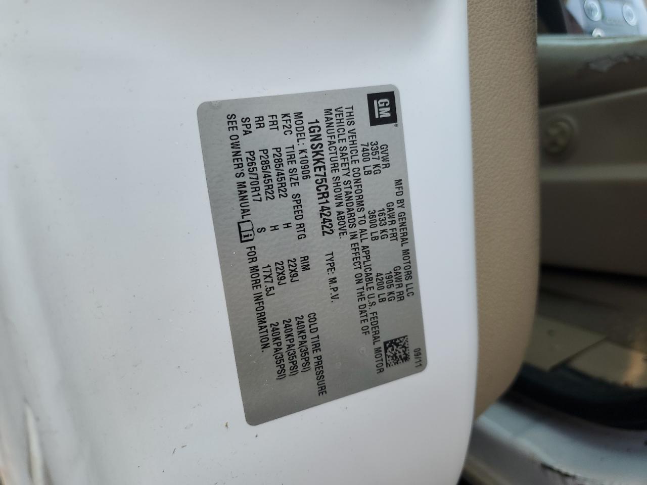 2012 Chevrolet Suburban K1500 Ltz VIN: 1GNSKKE75CR142422 Lot: 67745535