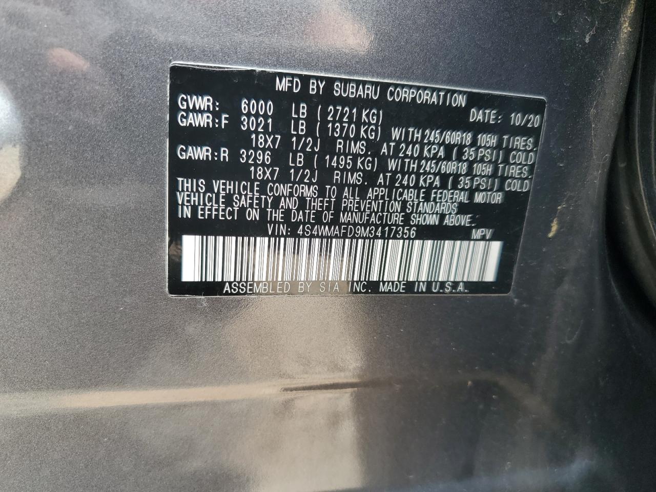 2021 Subaru Ascent Premium VIN: 4S4WMAFD9M3417356 Lot: 67029955