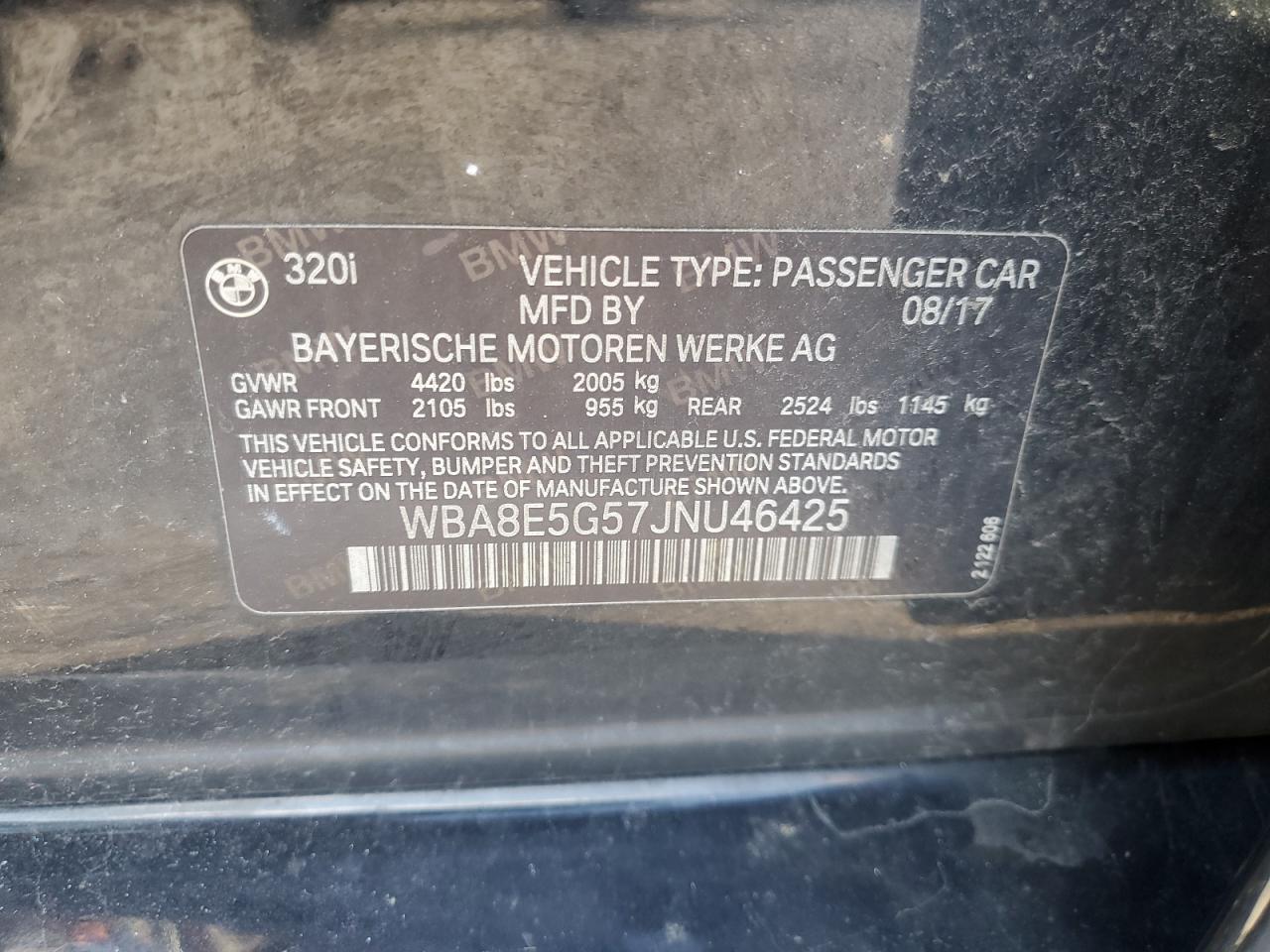 2018 BMW 320 Xi VIN: WBA8E5G57JNU46425 Lot: 68207245