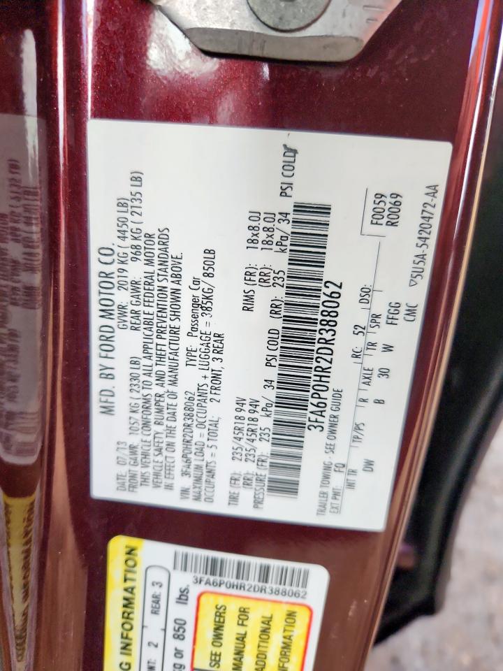 2013 Ford Fusion Se VIN: 3FA6P0HR2DR388062 Lot: 69319395