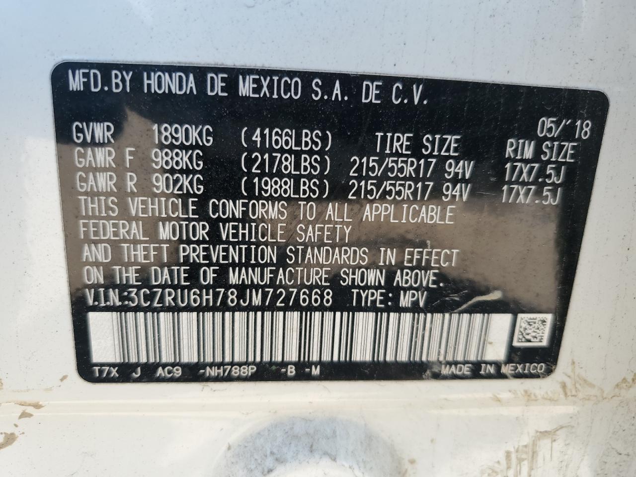 2018 Honda Hr-V Exl VIN: 3CZRU6H78JM727668 Lot: 68751605