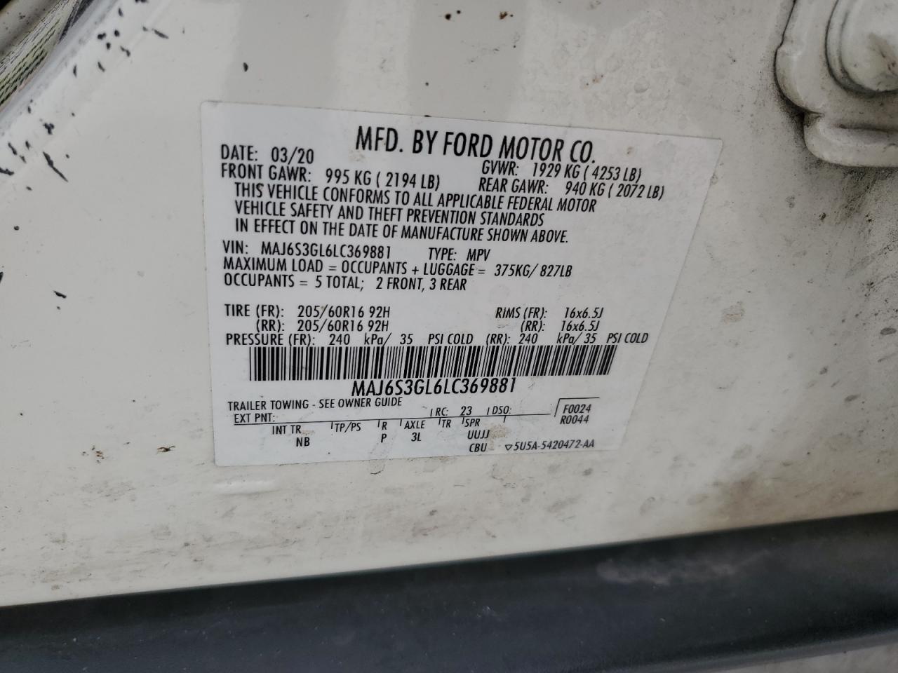 2020 Ford Ecosport Se VIN: MAJ6S3GL6LC369881 Lot: 69984625