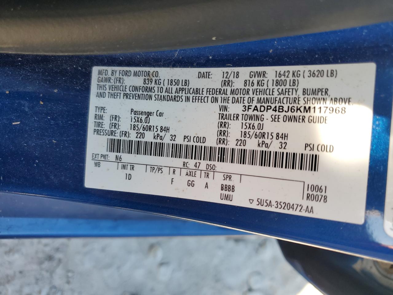 2019 Ford Fiesta Se VIN: 3FADP4BJ6KM117968 Lot: 71024795