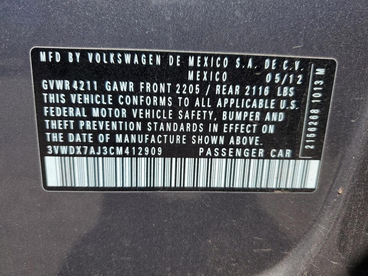 2012 Volkswagen Jetta Se VIN: 3VWDX7AJ3CM412909 Lot: 69483065