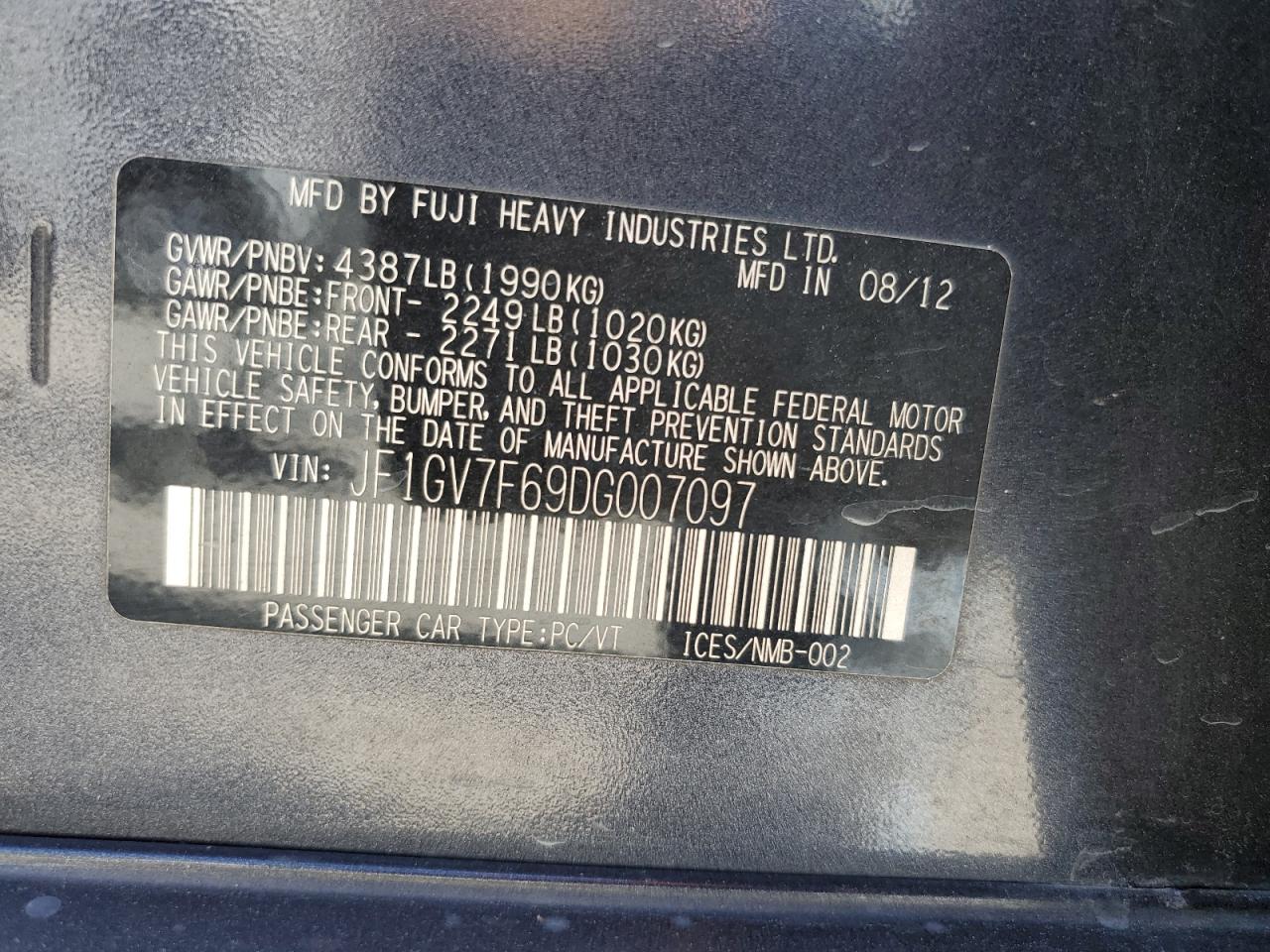 2013 Subaru Impreza Wrx VIN: JF1GV7F69DG007097 Lot: 66196215