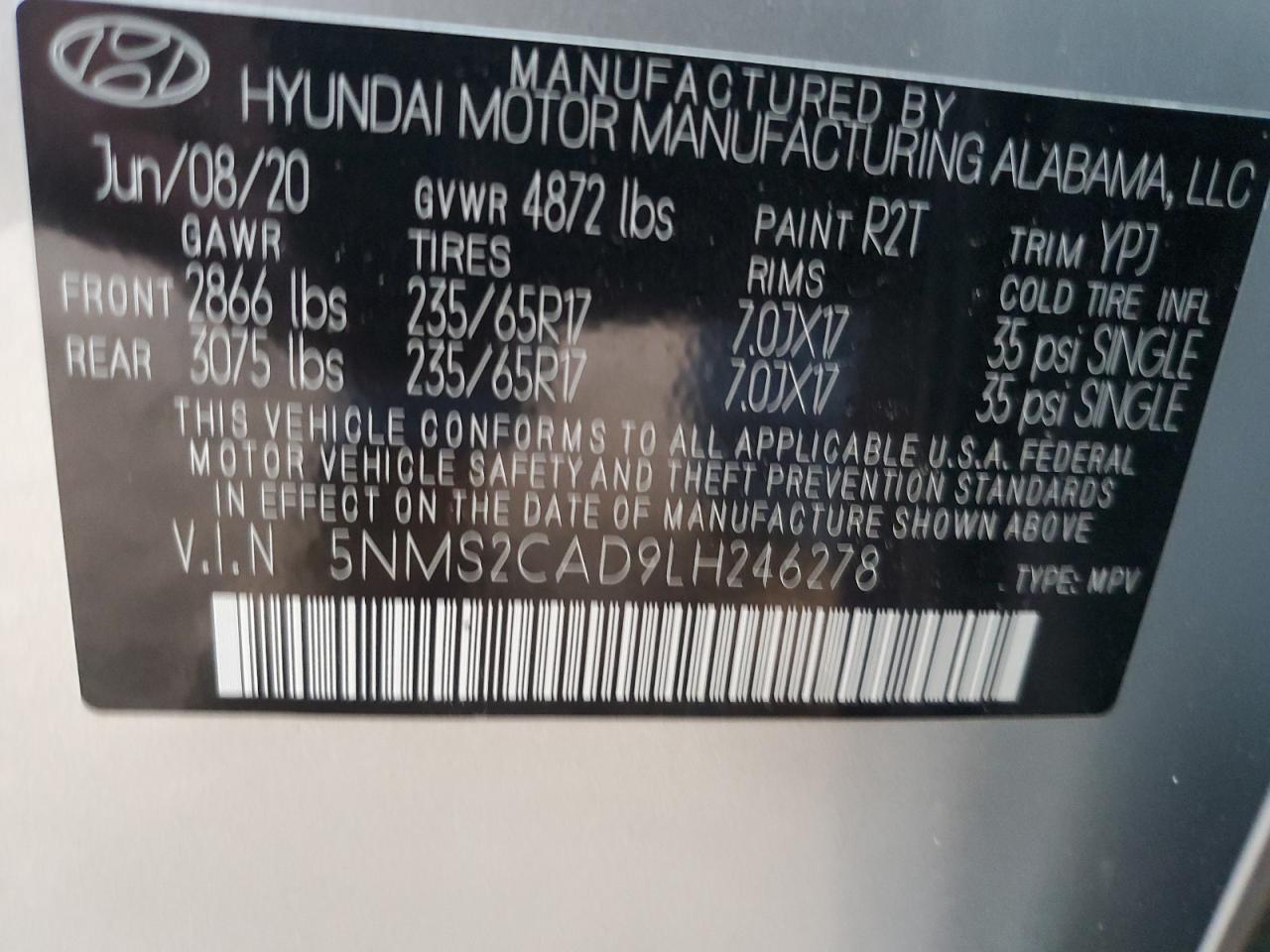 2020 Hyundai Santa Fe Se VIN: 5NMS2CAD9LH246278 Lot: 70676015