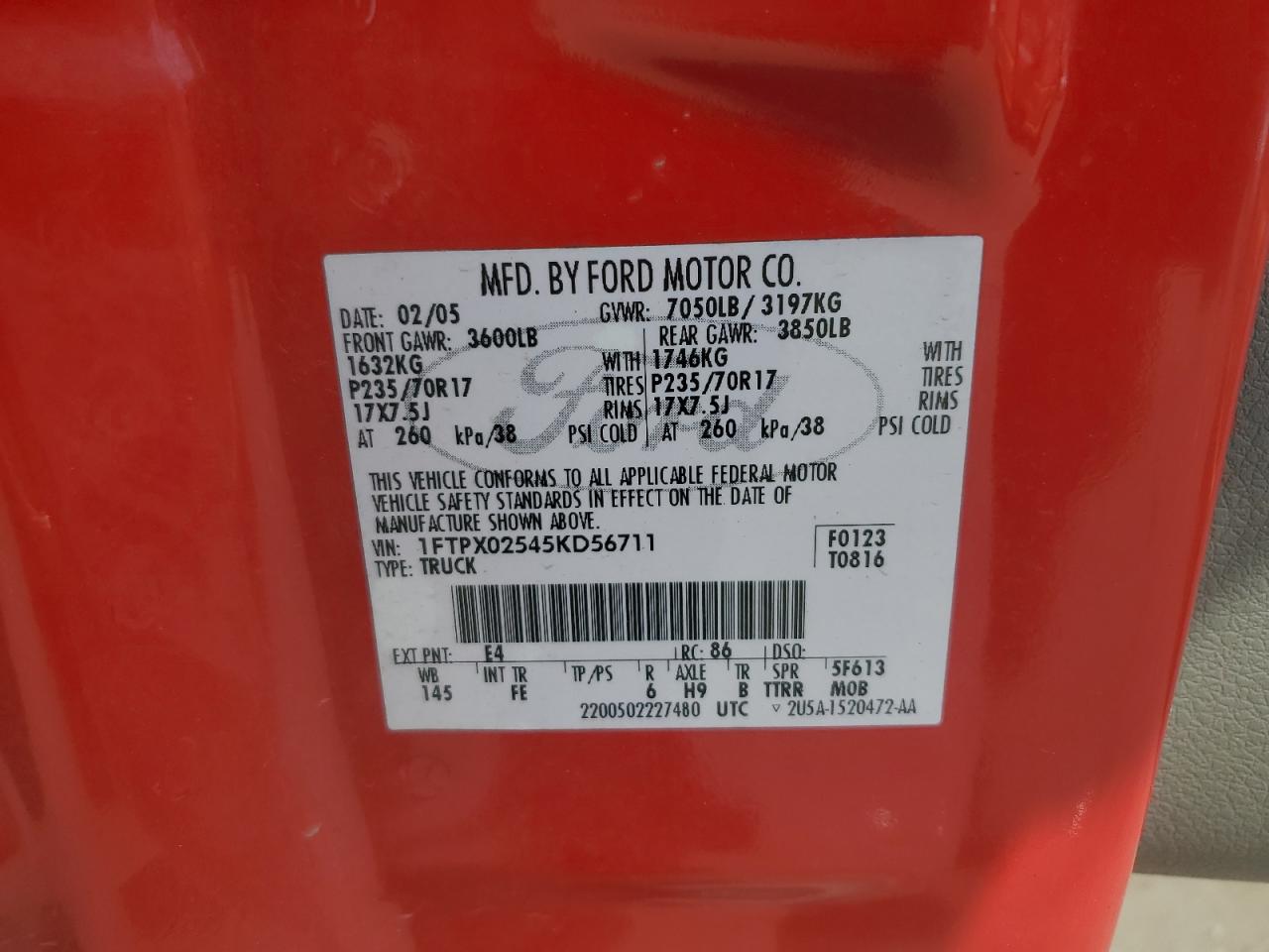 2005 Ford F150 VIN: 1FTPX02545KD56711 Lot: 68080585