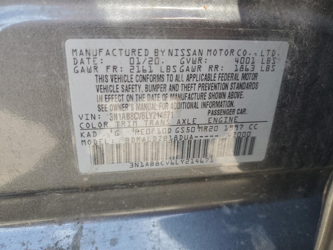 2020 Nissan Sentra Sv VIN: 3N1AB8CV6LY214671 Lot: 67903735