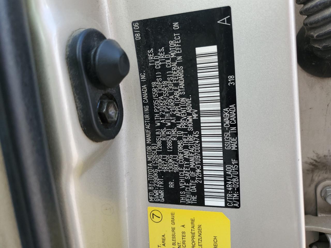 2007 Lexus Rx 350 VIN: 2T2HK31U97C024745 Lot: 69738545