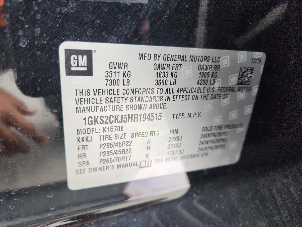 2017 GMC Yukon Denali VIN: 1GKS2CKJ5HR194515 Lot: 69248665
