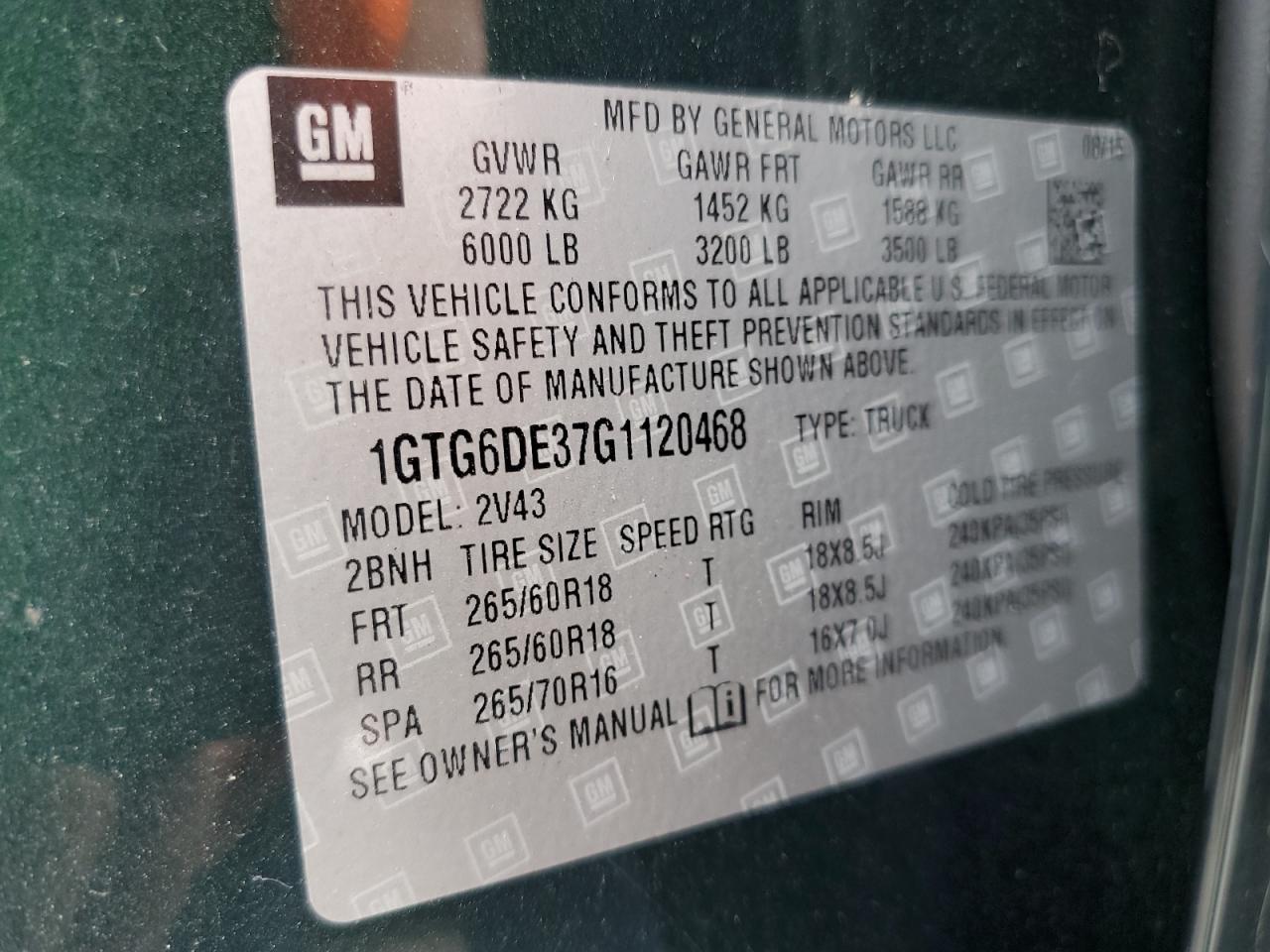 2016 GMC Canyon Slt VIN: 1GTG6DE37G1120468 Lot: 69667345