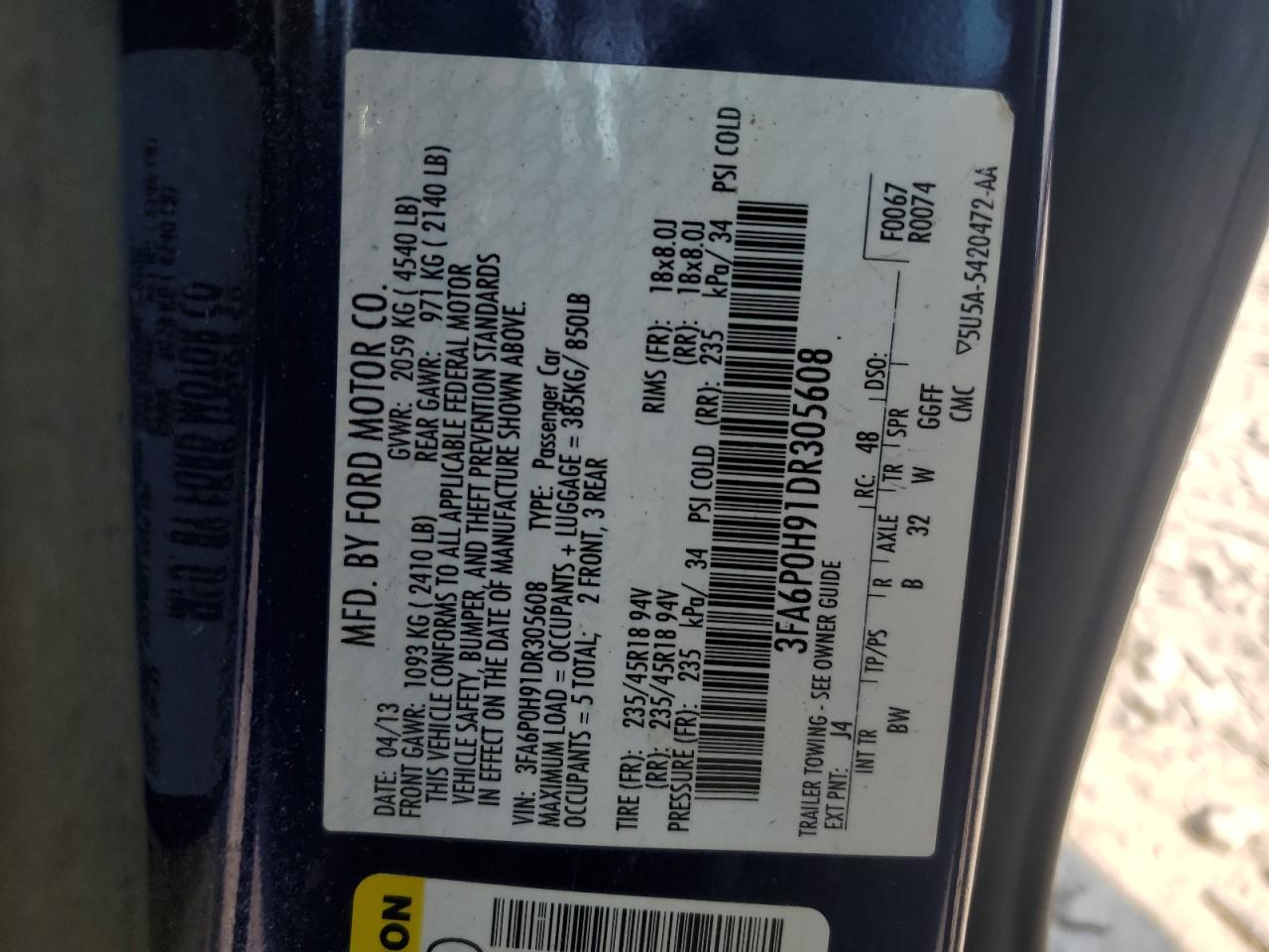 2013 Ford Fusion Se VIN: 3FA6P0H91DR305608 Lot: 67074775