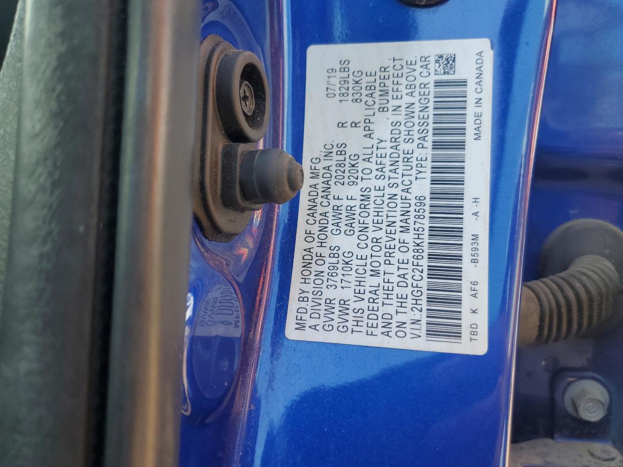 2019 Honda Civic Lx VIN: 2HGFC2F68KH578596 Lot: 70025485