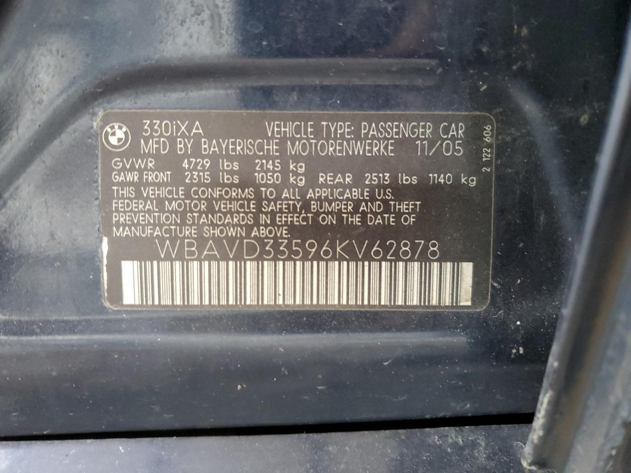 2006 BMW 330 Xi VIN: WBAVD33596KV62878 Lot: 68148745