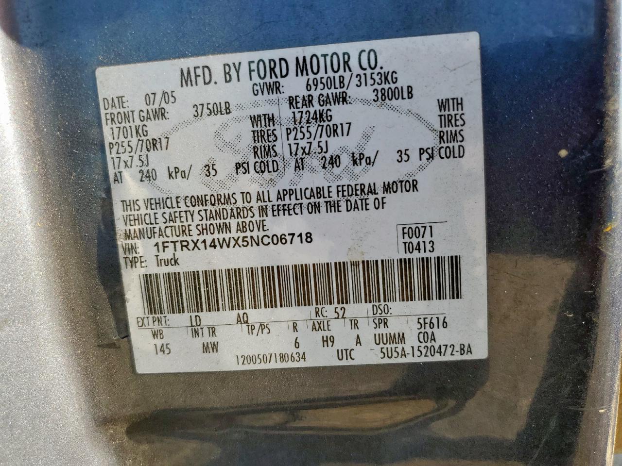 2005 Ford F150 VIN: 1FTRX14WX5NC06718 Lot: 69651925