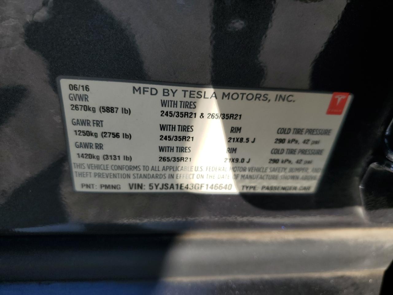 2016 Tesla Model S VIN: 5YJSA1E43GF146640 Lot: 70532035