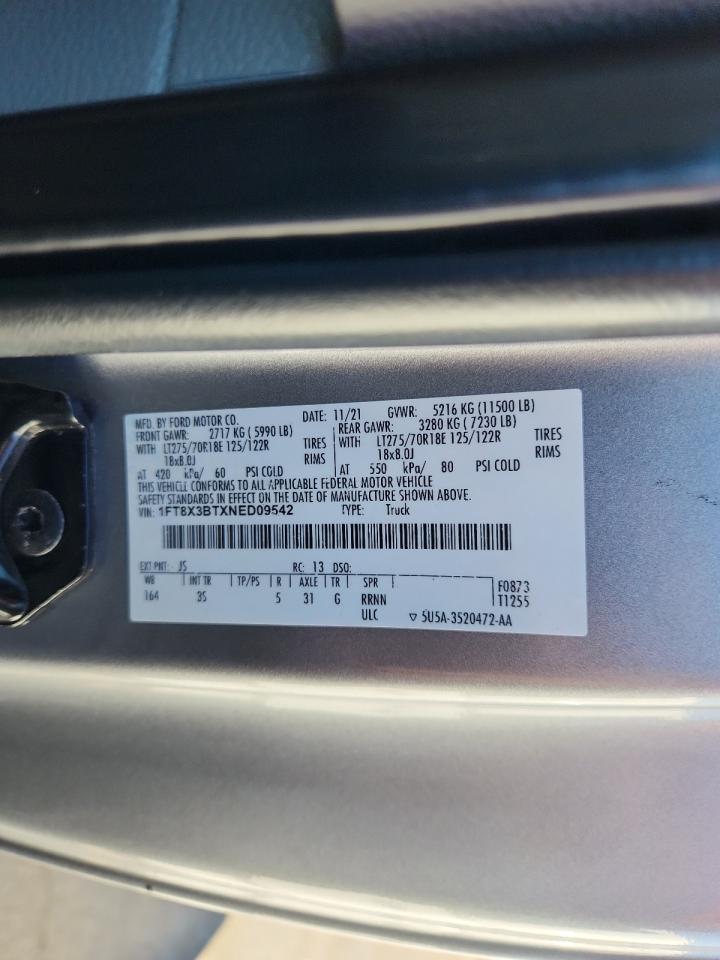 2022 Ford F350 Super Duty VIN: 1FT8X3BTXNED09542 Lot: 69941325