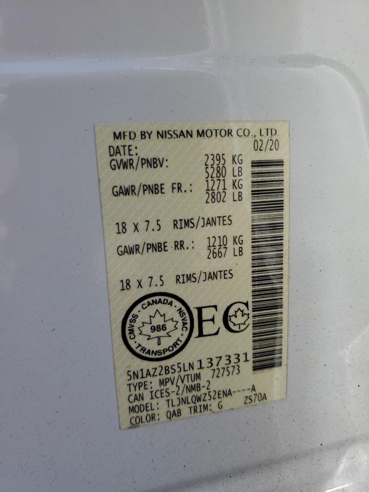 2020 Nissan Murano Sv VIN: 5N1AZ2BS5LN137331 Lot: 66926935