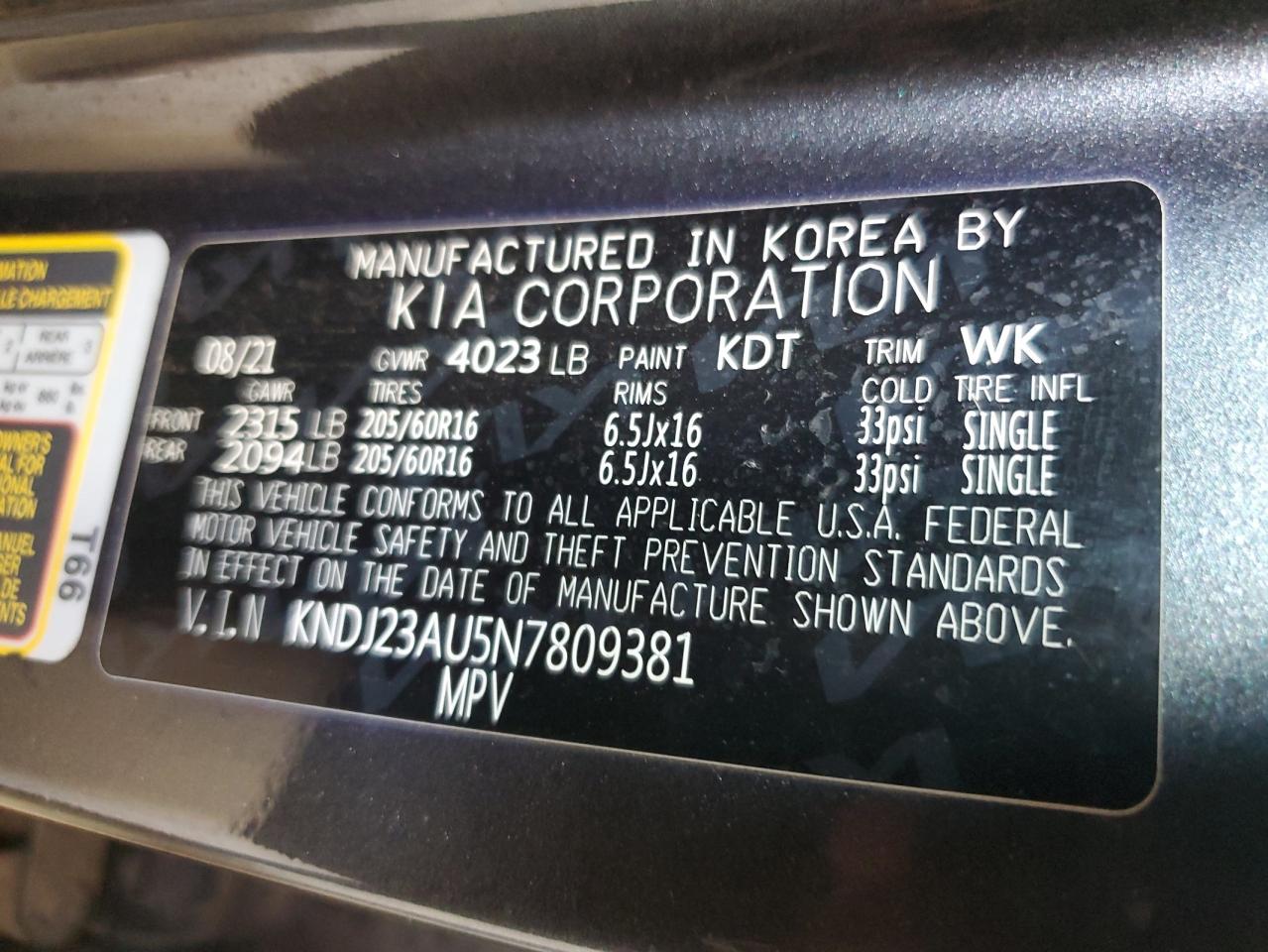 2022 Kia Soul Lx VIN: KNDJ23AU5N7809381 Lot: 68485115