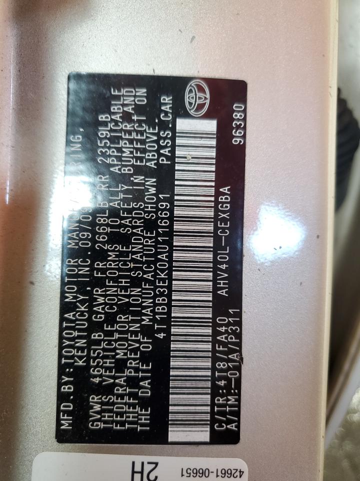 2010 Toyota Camry Hybrid VIN: 4T1BB3EK0AU116691 Lot: 69771755