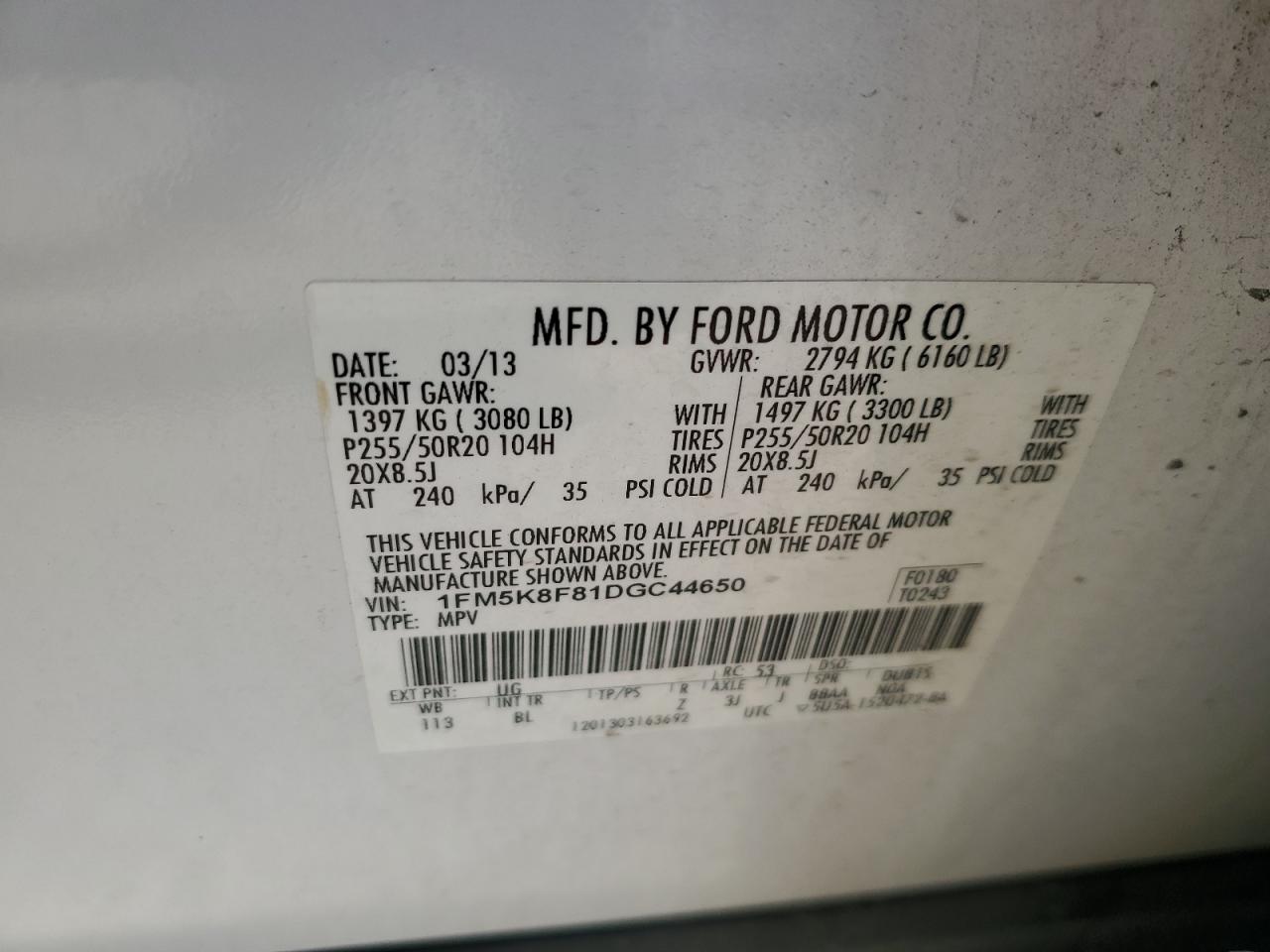 2013 Ford Explorer Limited VIN: 1FM5K8F81DGC44650 Lot: 69296045