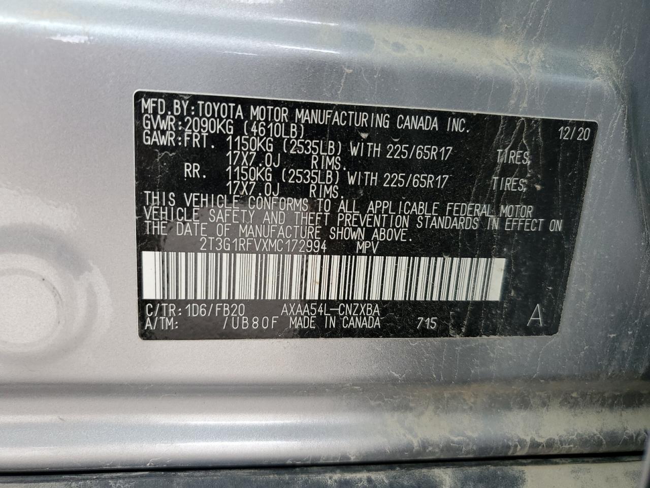 2021 Toyota Rav4 Le VIN: 2T3G1RFVXMC172994 Lot: 70288635