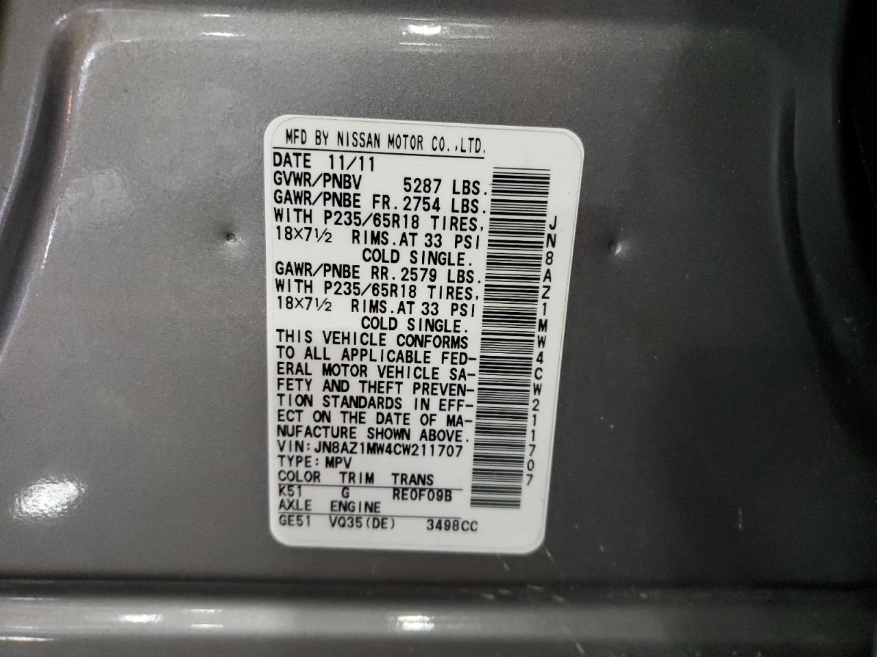 2012 Nissan Murano S VIN: JN8AZ1MW4CW211707 Lot: 70106955