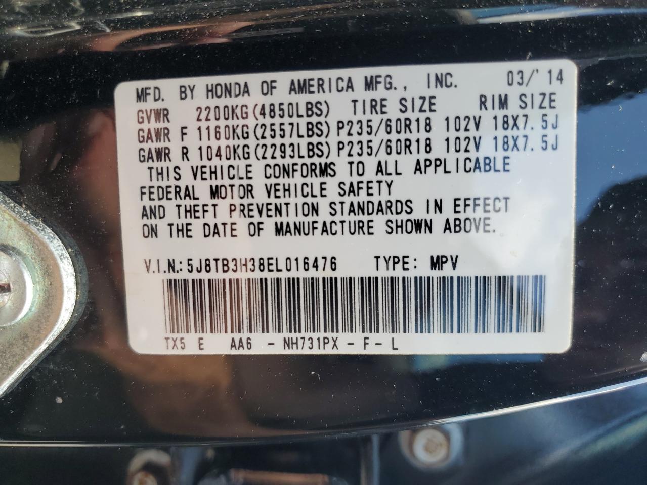 2014 Acura Rdx VIN: 5J8TB3H38EL016476 Lot: 68943275