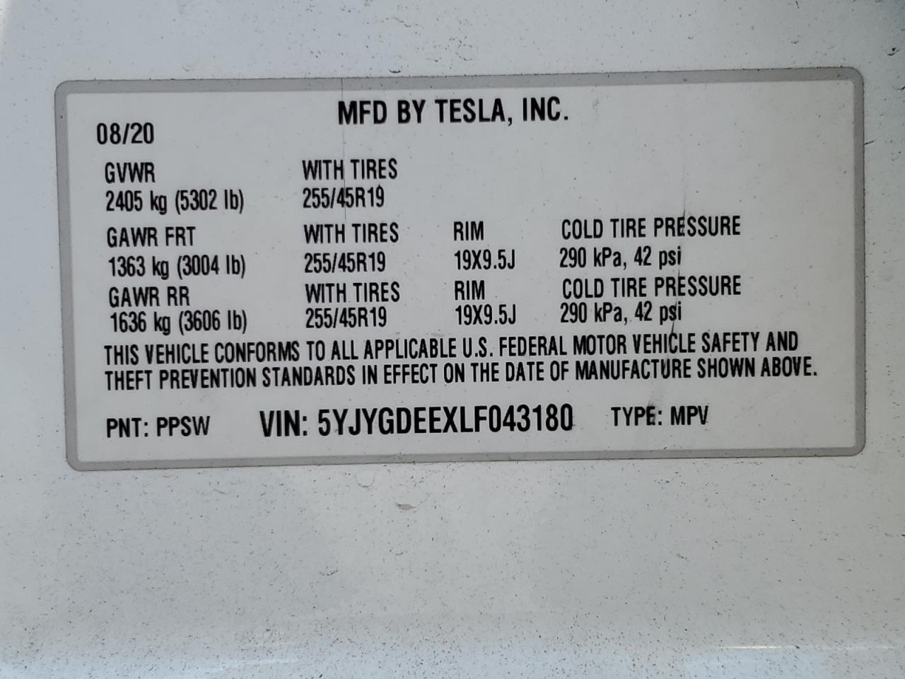 2020 Tesla Model Y VIN: 5YJYGDEEXLF043180 Lot: 68441985