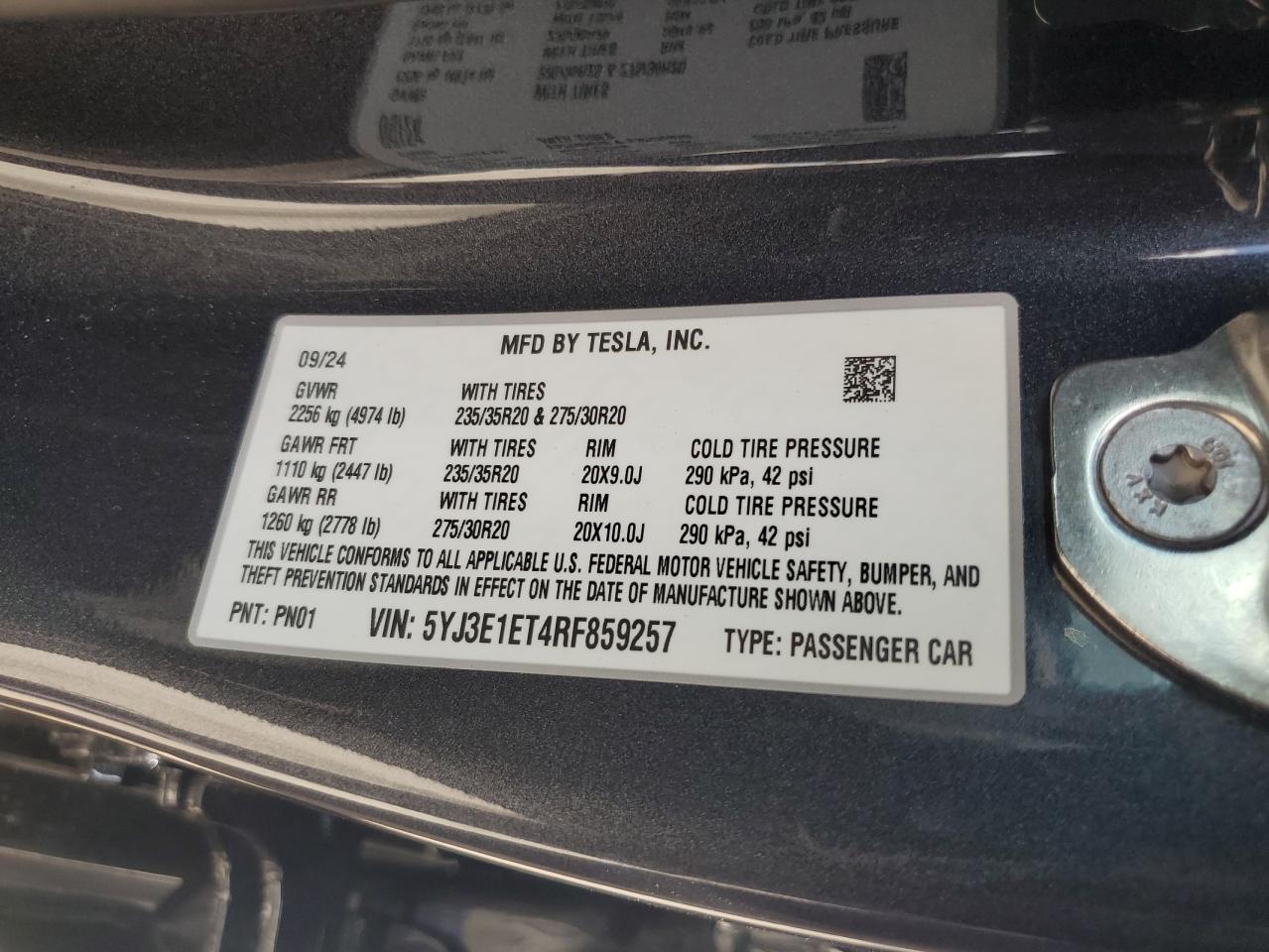 2024 Tesla Model 3 VIN: 5YJ3E1ET4RF859257 Lot: 70900365