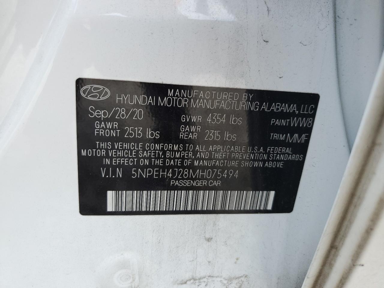 2021 Hyundai Sonata Limited VIN: 5NPEH4J28MH075494 Lot: 70661545