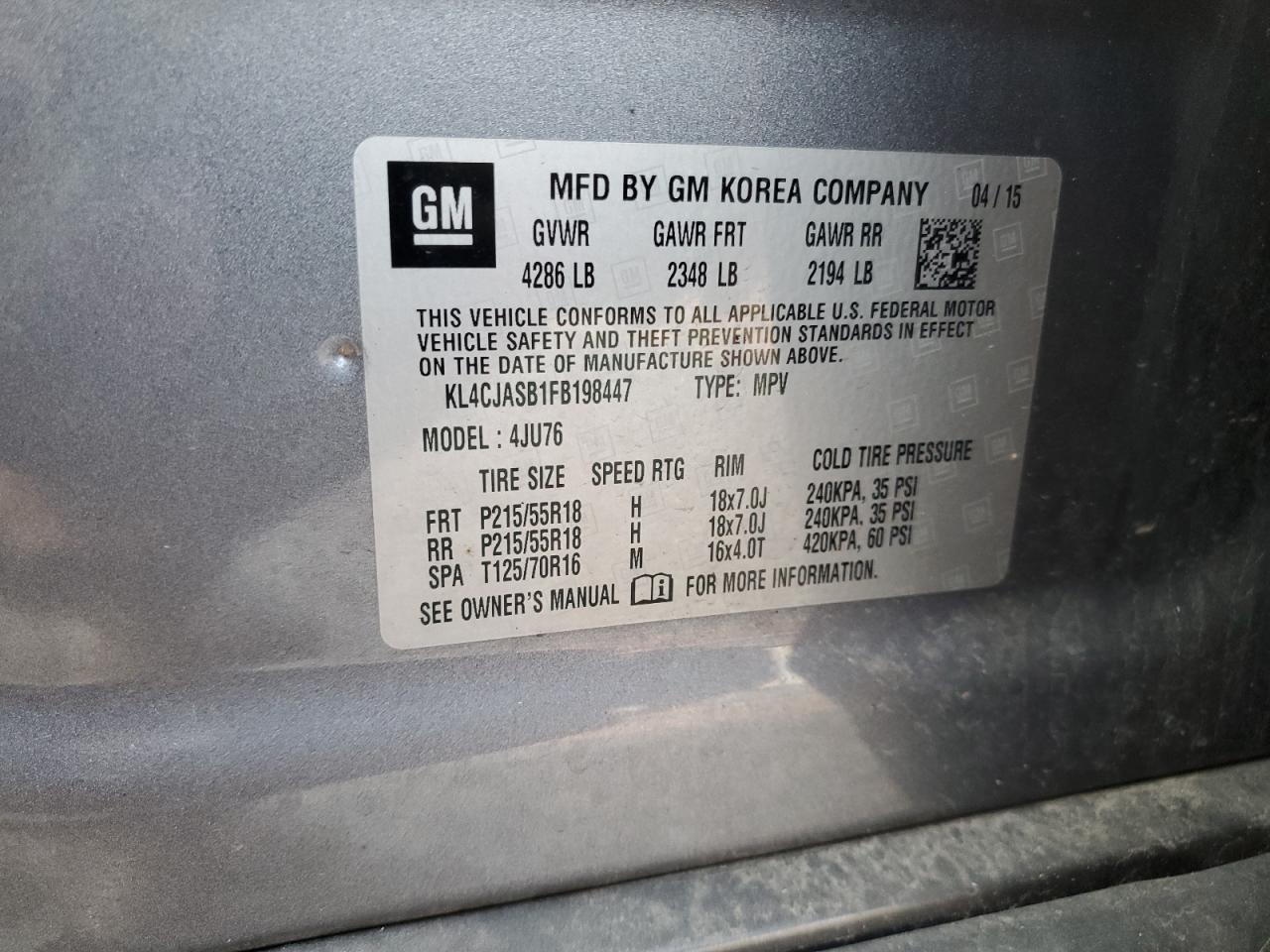 2015 Buick Encore VIN: KL4CJASB1FB198447 Lot: 93070415