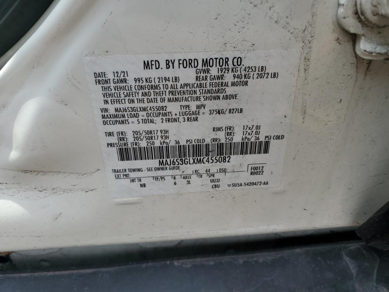 2021 Ford Ecosport Se VIN: MAJ6S3GLXMC455082 Lot: 68849065