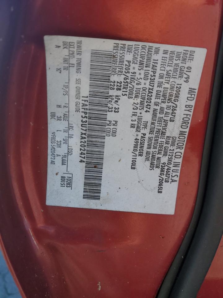 1999 Ford Taurus Se VIN: 1FAFP53U7XA202474 Lot: 70197105