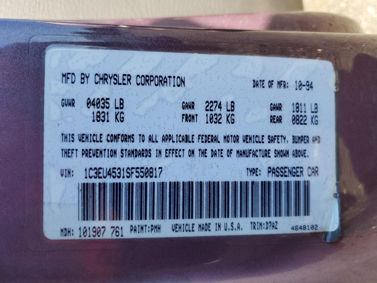 1995 Chrysler Lebaron Gtc VIN: 1C3EU4531SF550817 Lot: 70113805